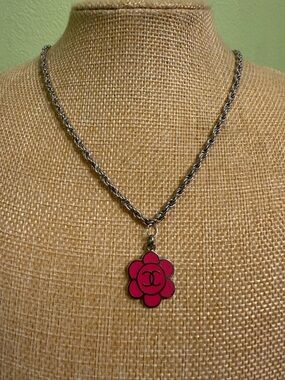 Hot Pink Camellia Pendant and Lock Pendant Necklaces